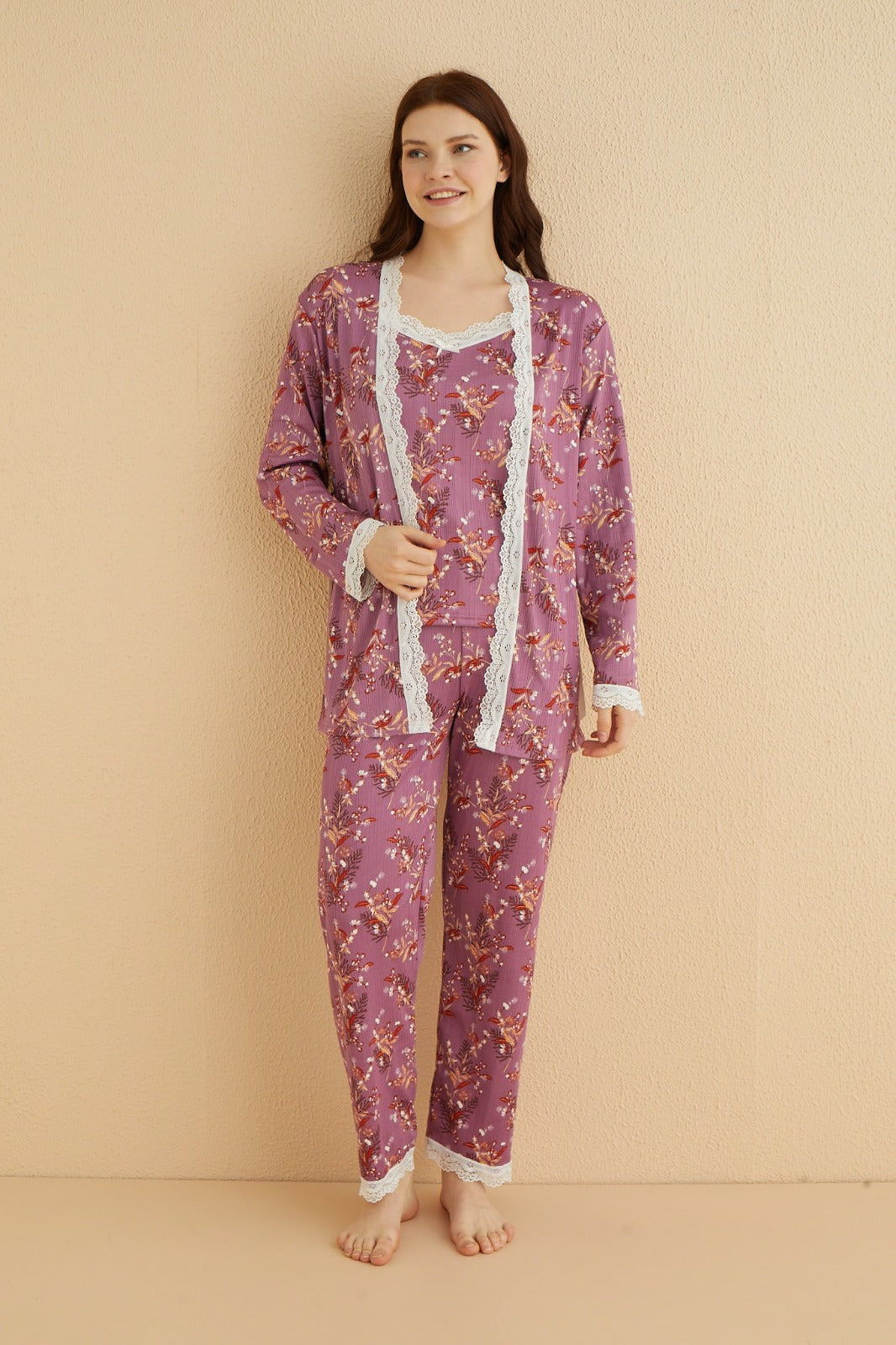 dreamy 3 parça sabahlikli dantelli desenli ip askili pegasus pijama seti