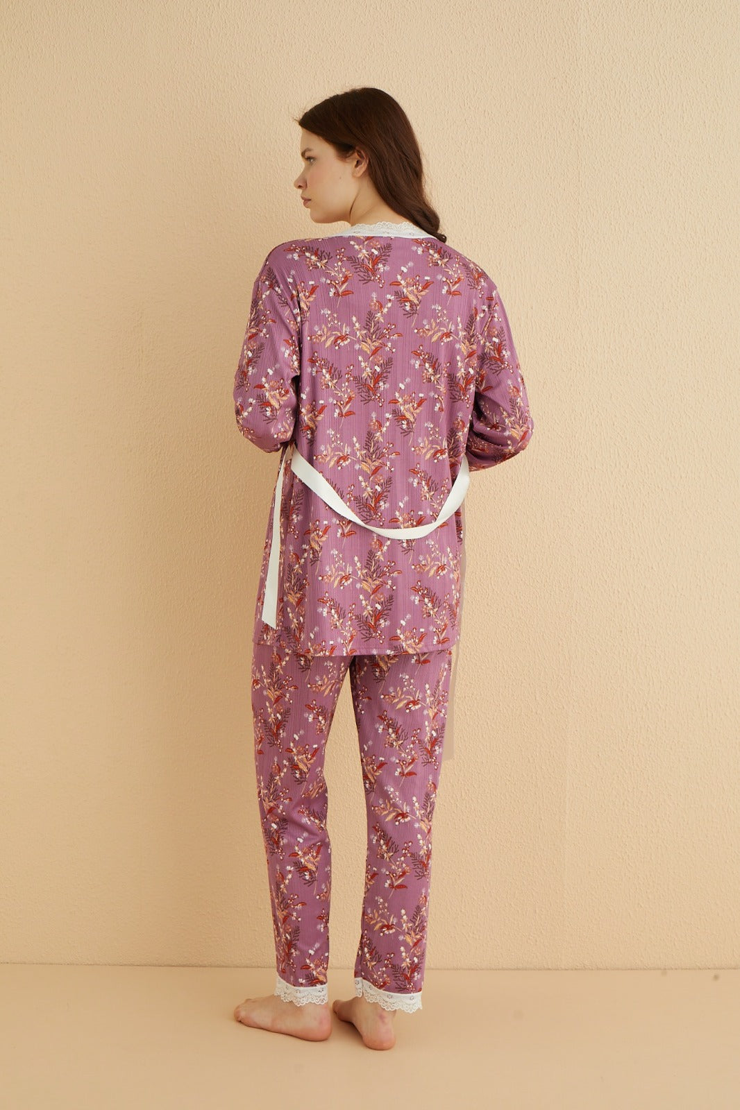 dreamy 3 parça sabahlikli dantelli desenli ip askili pegasus pijama seti