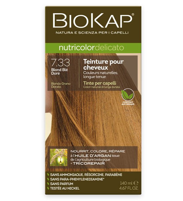 صبغة شعر Biokap Nutricolor Delicato 7.33 أشقر ذهبي قمح – لفروة الرأس الحساسة