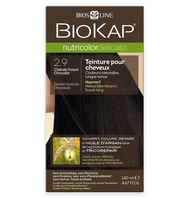 صبغة شعر Biokap Nutricolor Delicato 2.9 بني داكن شوكولا – مخصصة لفروة الرأس الحساسة