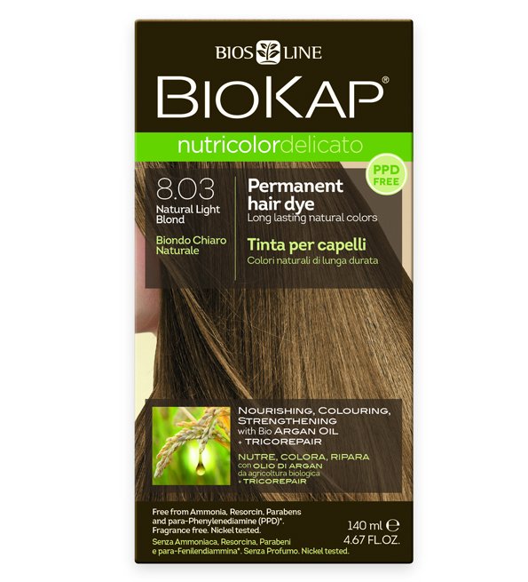 صبغة شعر Biokap Nutricolor Delicato 8.03 أشقر فاتح طبيعي – لفروة الرأس الحساسة