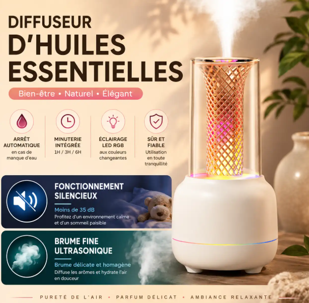 Diffuseur d'Huiles Essentielles Ultrasonique USB LED RGB, Humidificateur d'Air, Silencieux, Arrêt Automatique
