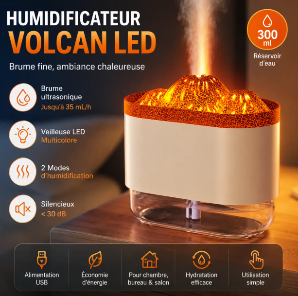 Humidificateur d'Air Volcan LED 300 ml, Brume Ultrasonique, Veilleuse Multicolore, Silencieux, Chambre & Bureau