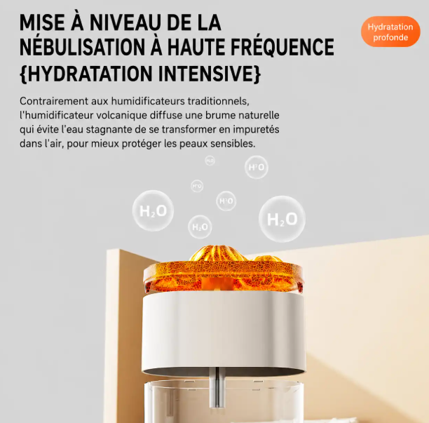 Humidificateur d'Air Volcan LED 300 ml, Brume Ultrasonique, Veilleuse Multicolore, Silencieux, Chambre & Bureau
