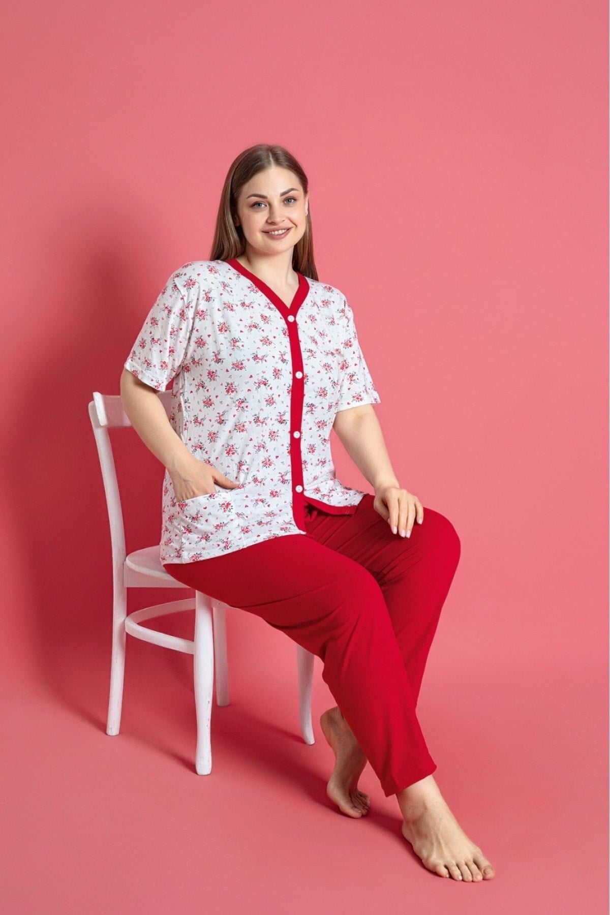 <tc>Ensemble de pyjama à manches courtes en coton avec poches et col à boutons, grande taille, X-Dreamy.</tc>