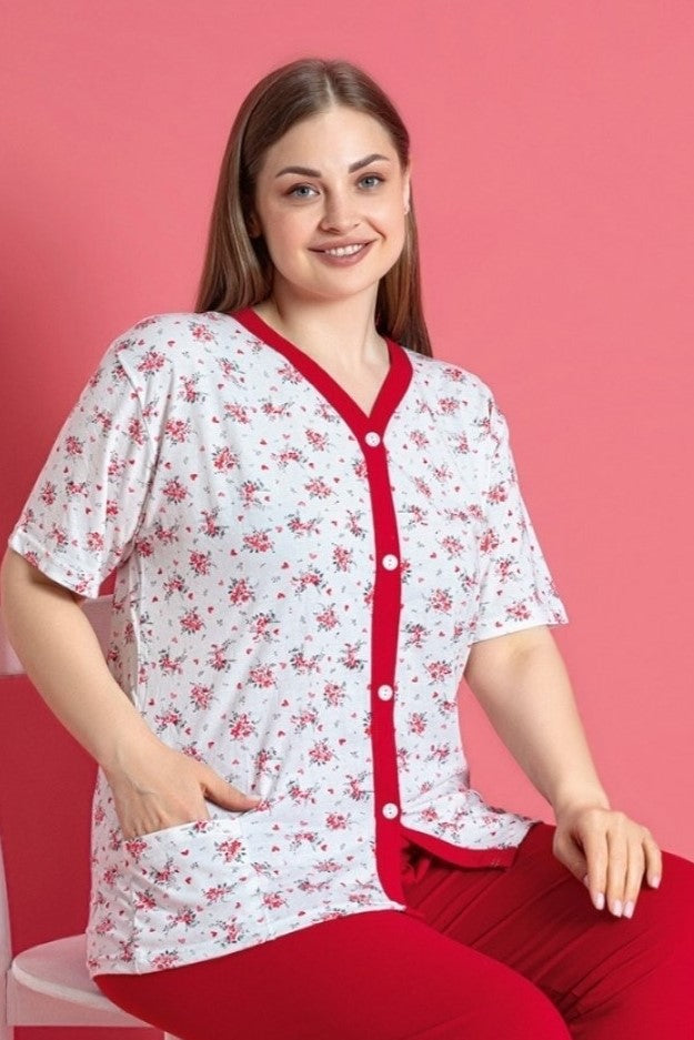 <tc>Ensemble de pyjama à manches courtes en coton avec poches et col à boutons, grande taille, X-Dreamy.</tc>