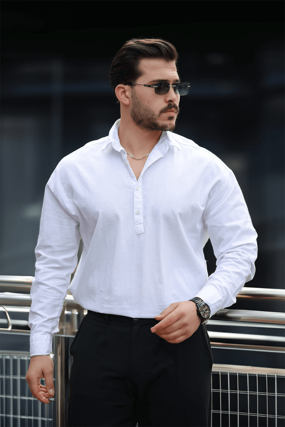 yarim pat yakali york pamuk kumaşli uzun kollu erkek gömlek - Justyol