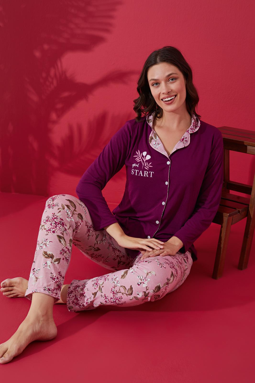 <tc>Ensemble de pyjama en coton à bords avec col à boutons, pour femme, Dreamy.</tc>