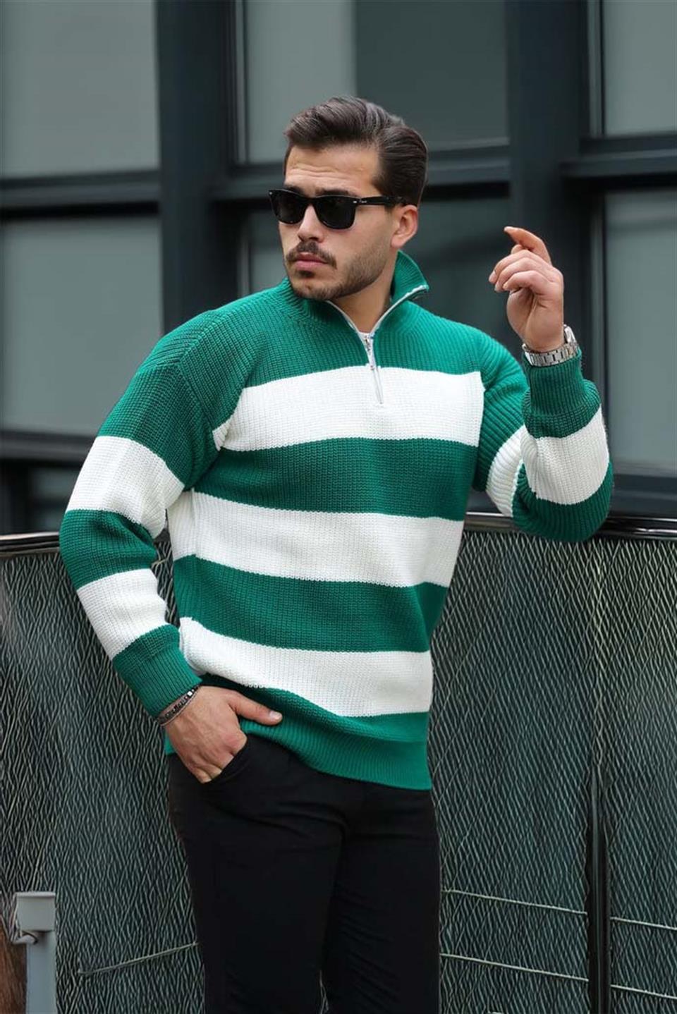 Pull Homme Pedro Rayé Demi-Zip en Maille Selanik