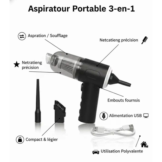 Mini Aspirateur Sans Fil 3-en-1 Voiture & Bureau - Souffleur & Aspirateur Portable Rechargeable USB - Noir
