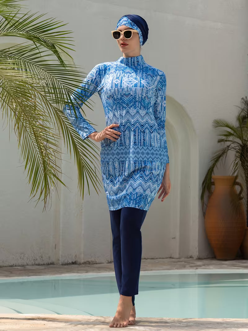 Burkini Femme Modeste 4 Pièces Imprimé – Ensemble Maillot de Bain avec Turban