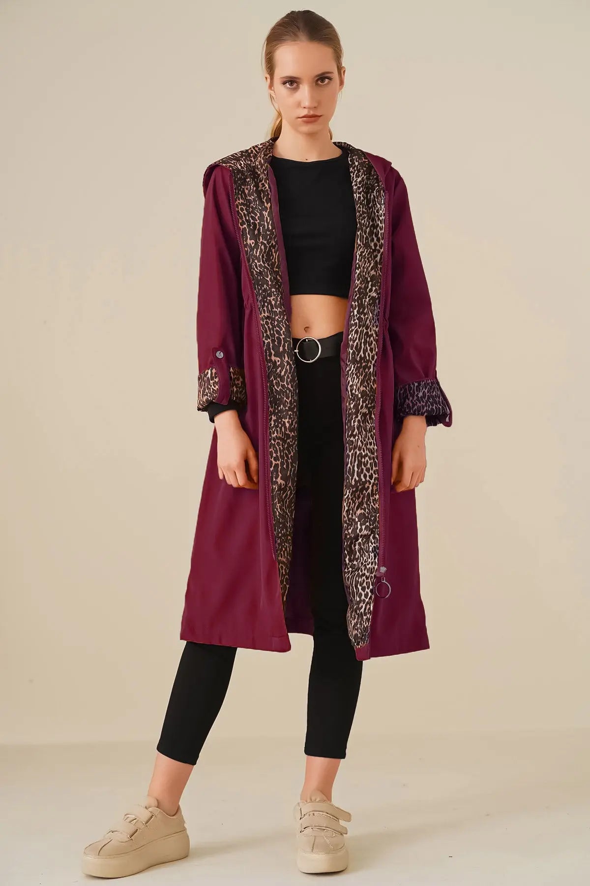 9091 beli büzgülü kapşonlu trençkot - Justyol