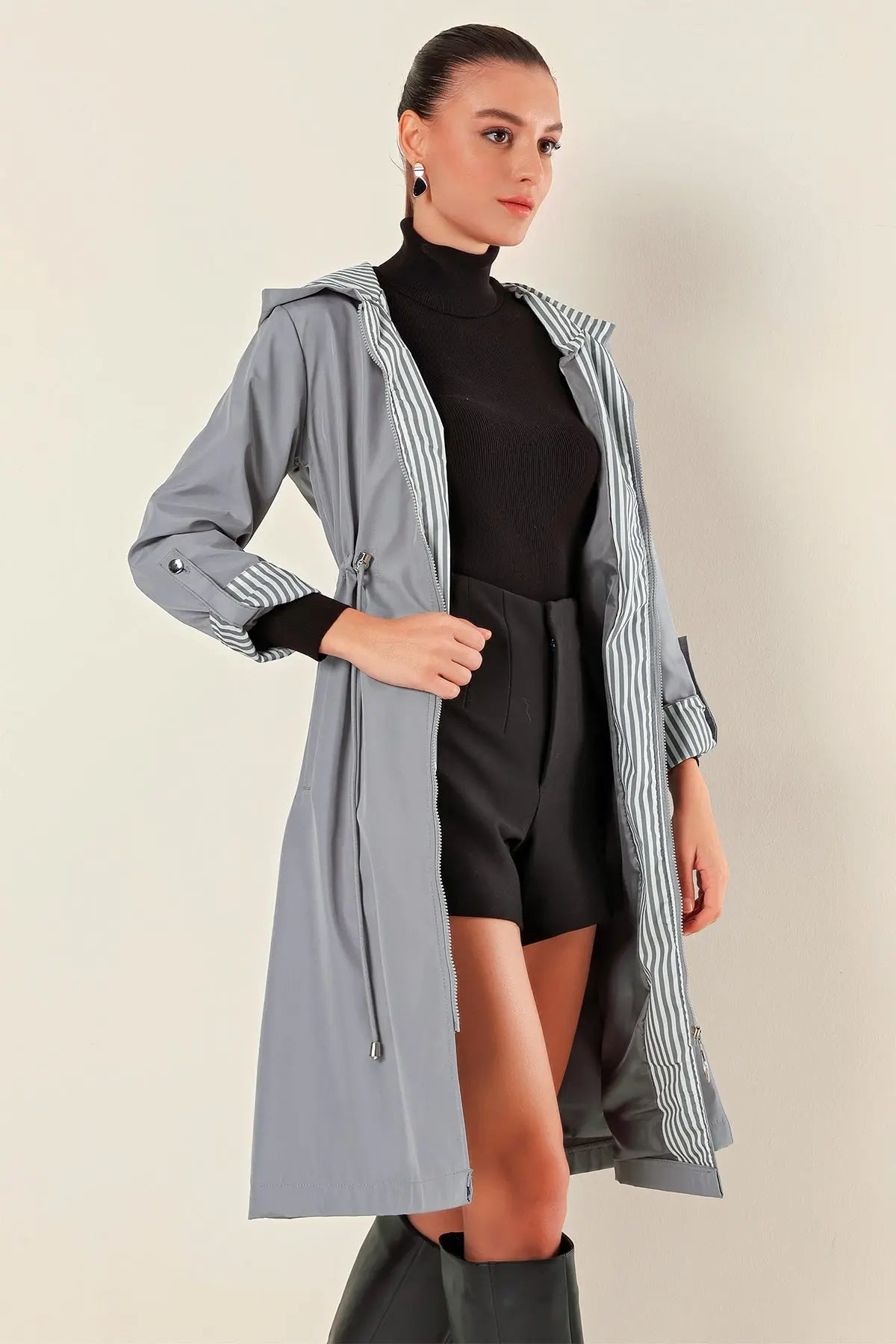 9091 beli büzgülü kapşonlu trençkot - Justyol