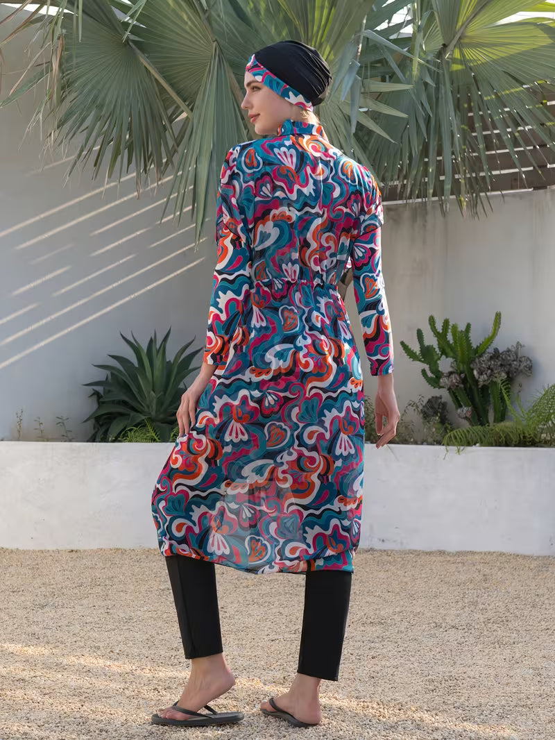 Burkini Femme Modeste 4 Pièces Imprimé – Ensemble Maillot de Bain avec Turban