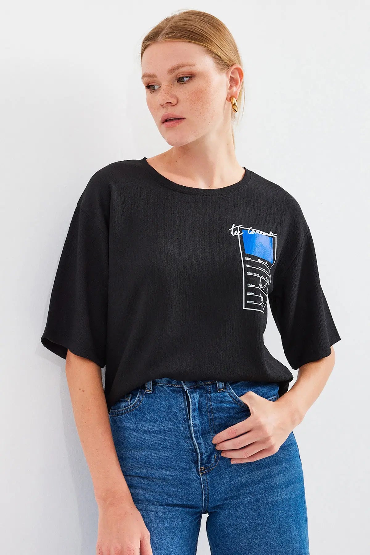 911 baskili örme basic tişört - Justyol