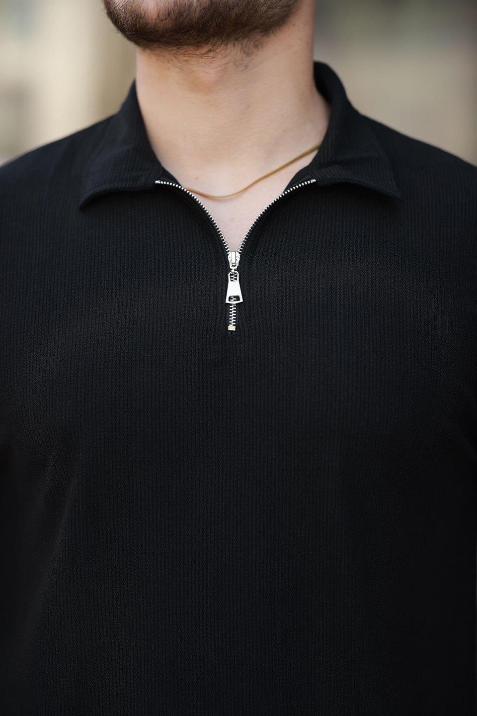likrali örme yarim fermuar polo yaka erkek tişört - Justyol
