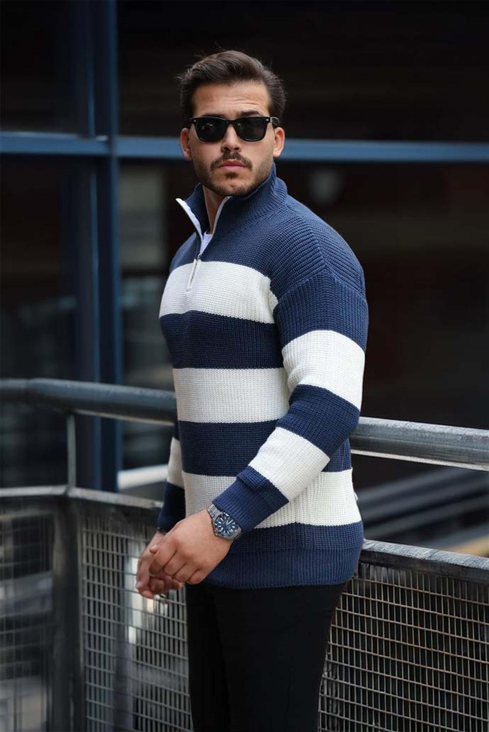 Pull Homme Pedro Rayé Demi-Zip en Maille Selanik