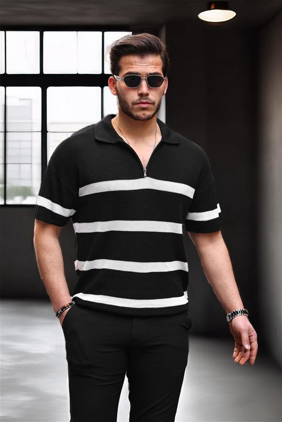 yarim fermuar çizgili oversize triko t - Justyol