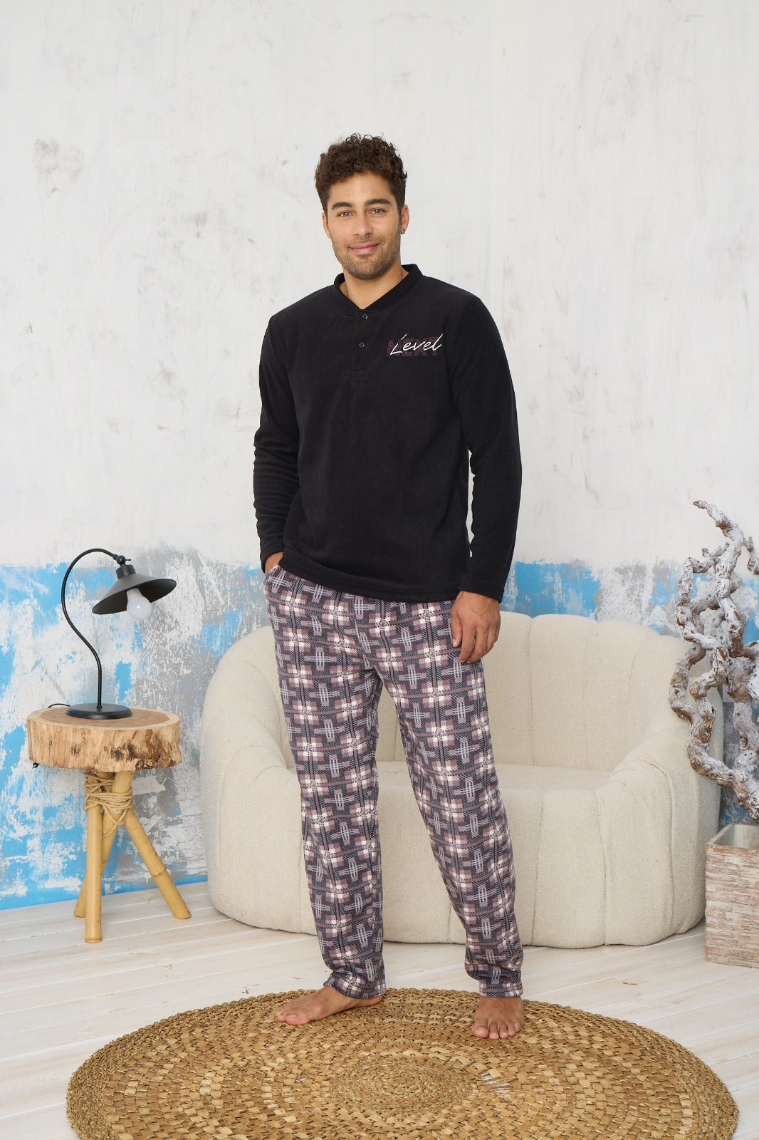 <tc>Ensemble de pyjama pour homme en polar à carreaux avec col à boutons, Luxury Soft.</tc>