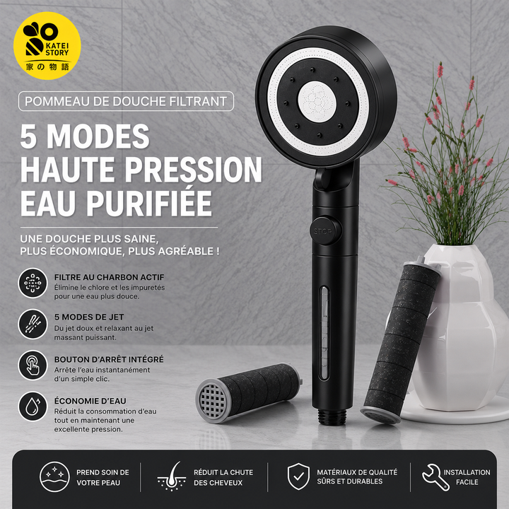 Pommeau de Douche Haute Pression 5 Modes avec Filtre Anti-Calcaire et Bouton d'Arrêt