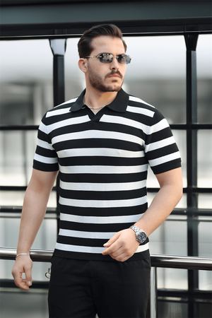 premium yan çizgili viskon polo yaka triko erkek t JMen