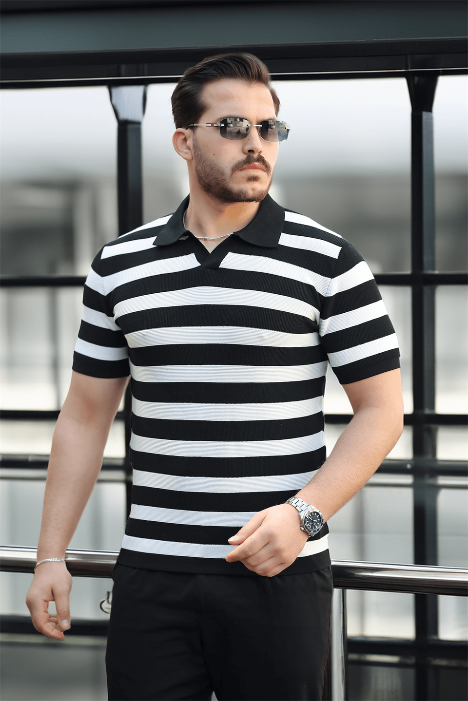 premium yan çizgili viskon polo yaka triko erkek t JMen