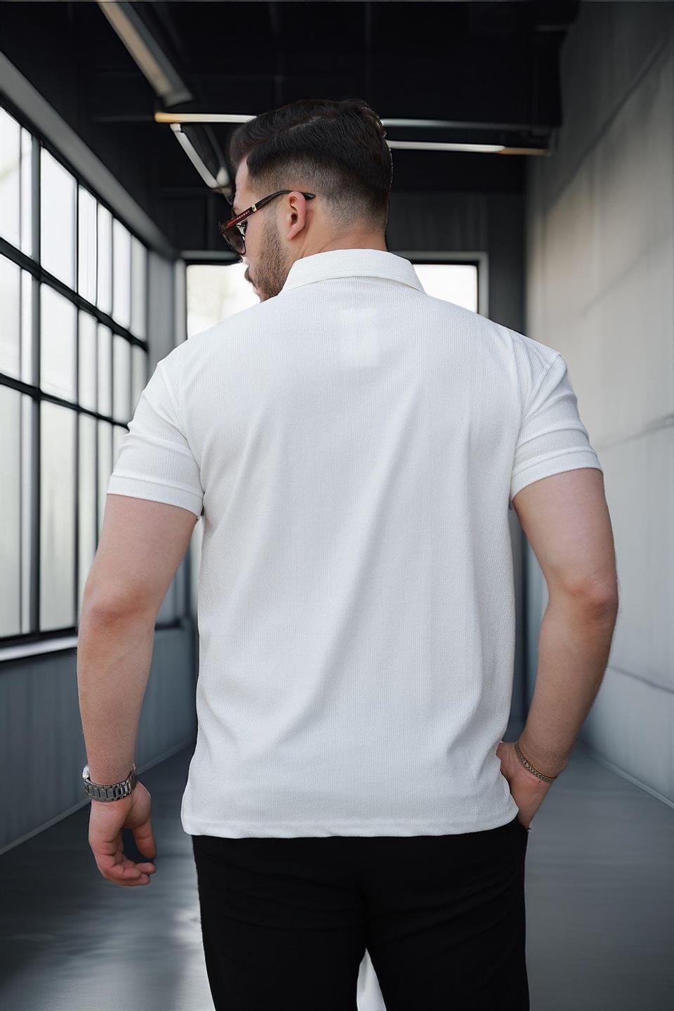 likrali örme yarim fermuar polo yaka erkek tişört - Justyol