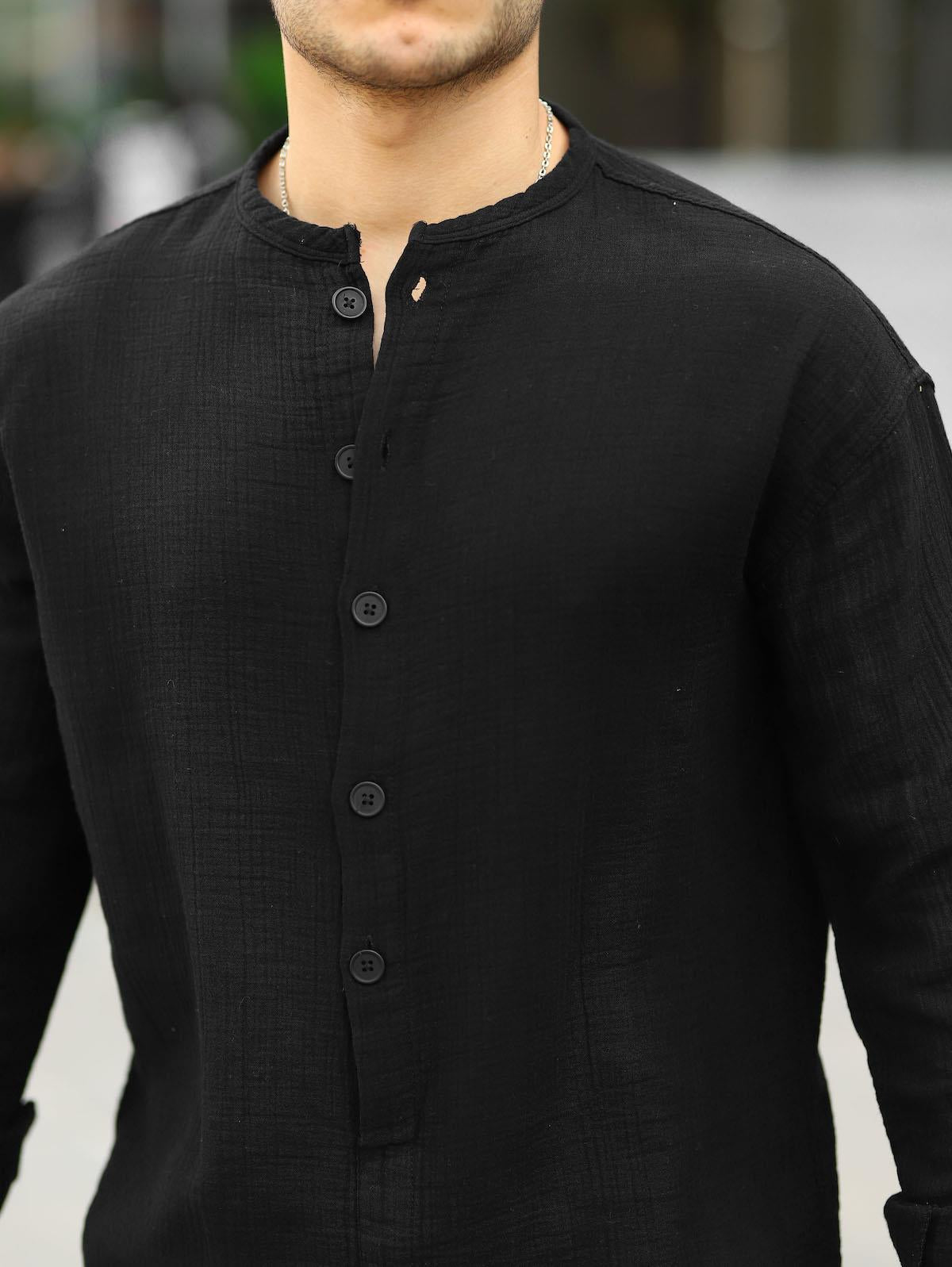 Chemise en muslin oversize à col mandarin à demi - boutonnage - Justyol