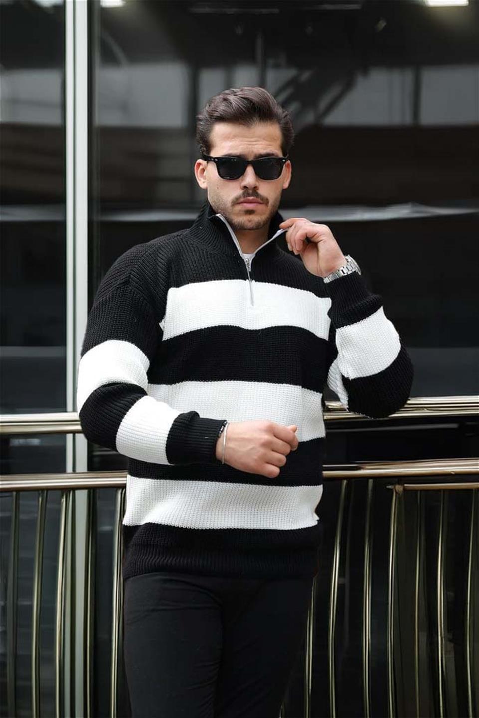 Pull Homme Pedro Rayé Demi-Zip en Maille Selanik