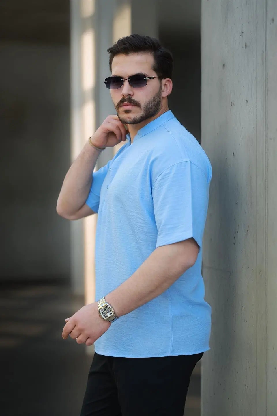 wes oversize yarim pat bambu kisa kol gömlek - Justyol