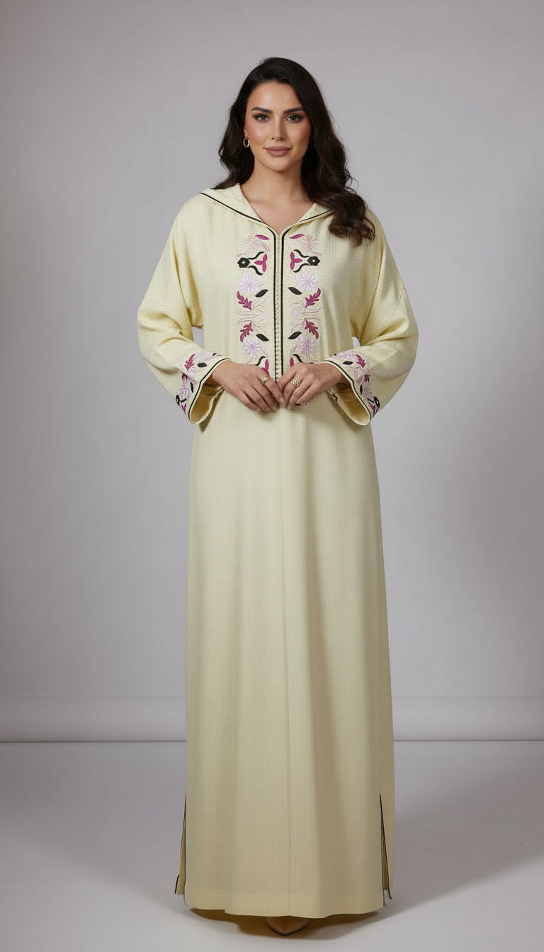 Djellaba Crème douce à fleurs brodées