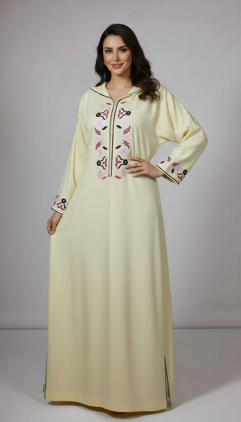 Djellaba Crème douce à fleurs brodées