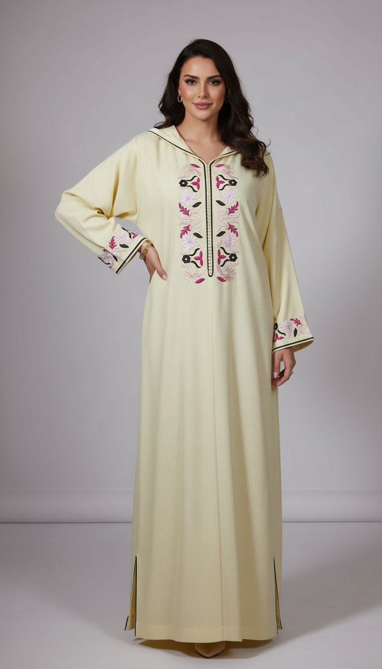 Djellaba Crème douce à fleurs brodées