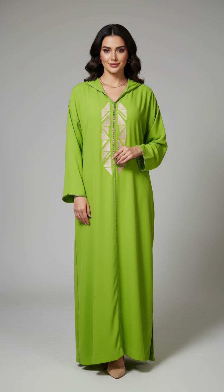Djellaba Vert pomme en tissu crêpe brodé