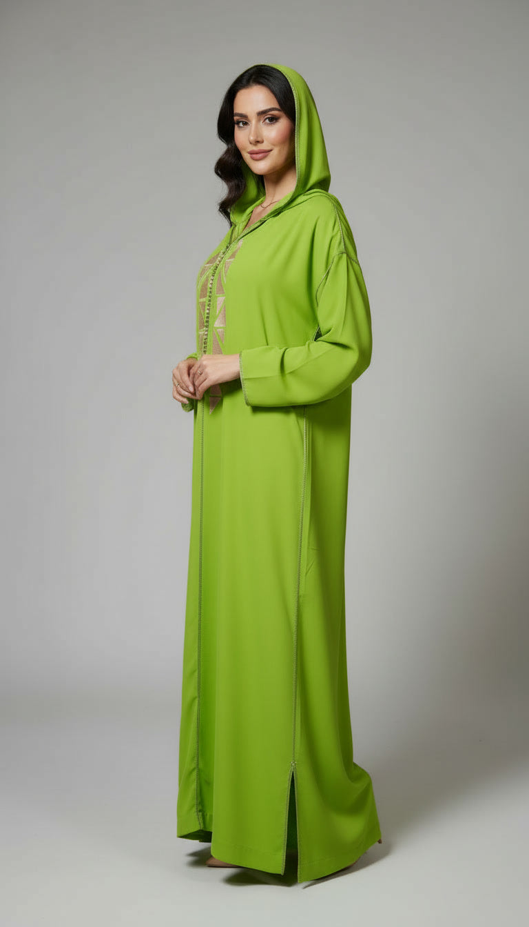 Djellaba Vert pomme en tissu crêpe brodé