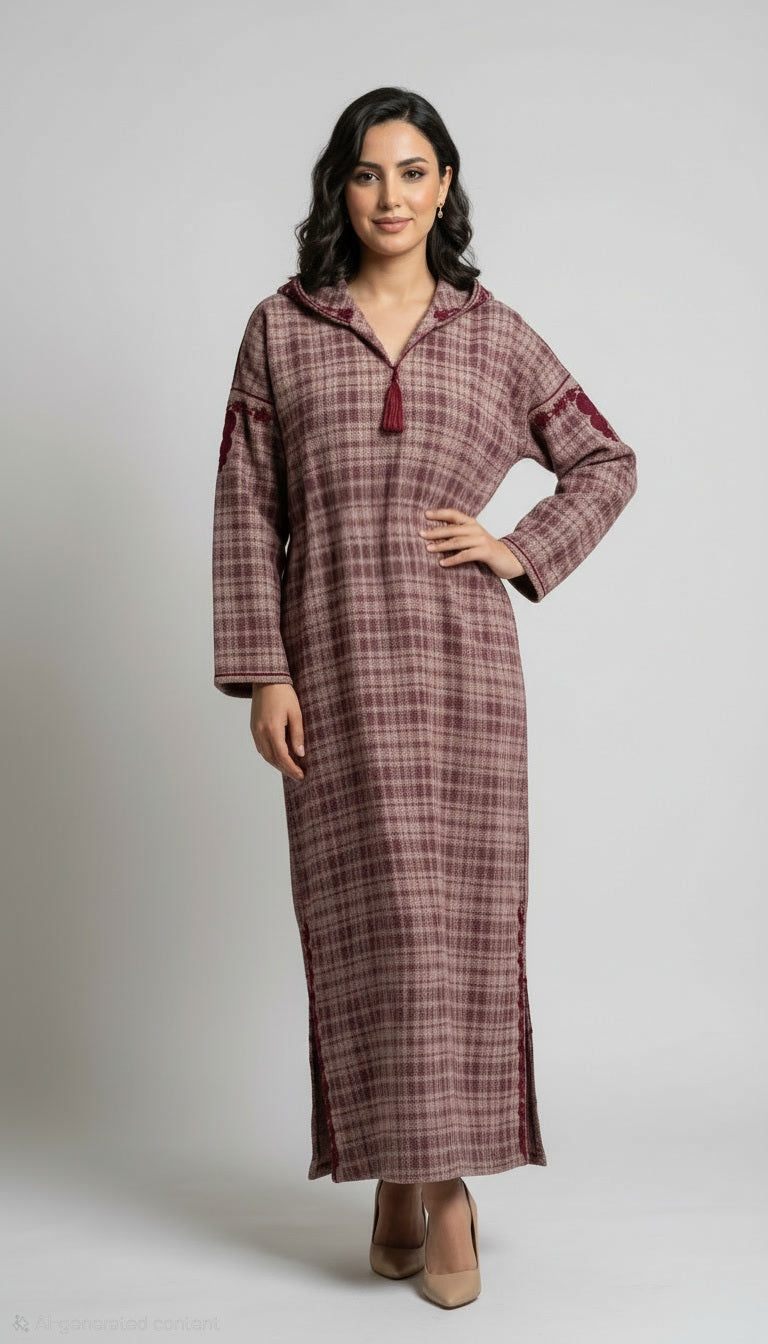 Djellaba à carreaux bordeaux – Charme chaleureux