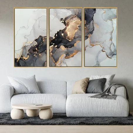 tableau abstrait de 3 morceau blanc noir 130/70 cm sans cadre