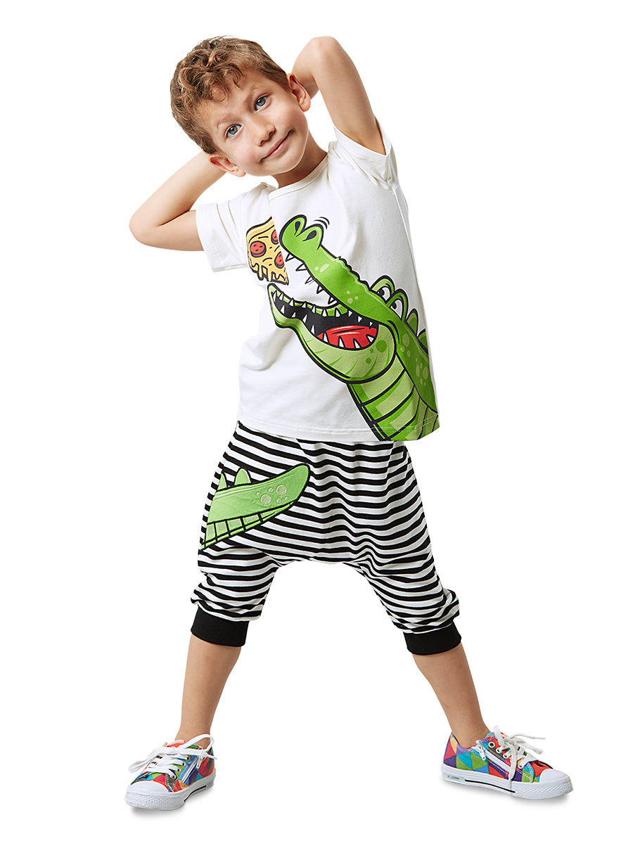 <tc>Ensemble t-shirt et bermuda pour garçon avec motif crocodile et pizza</tc>