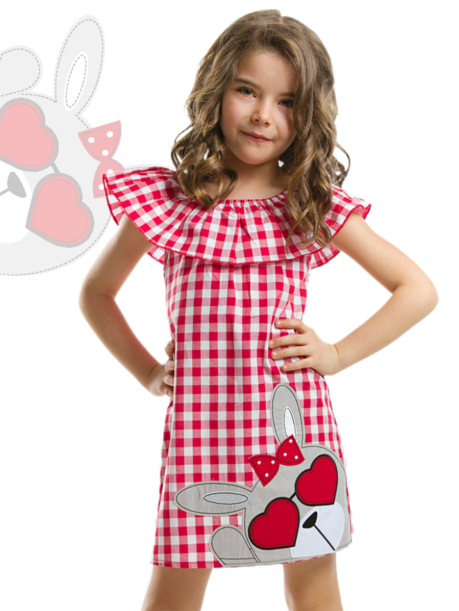 <tc>Robe écossaise pour fille avec motif de cœur et lunettes.</tc>