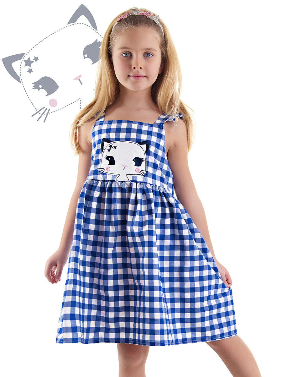 <tc>Robe écossaise pour fille avec motif de chat étoilé.</tc>