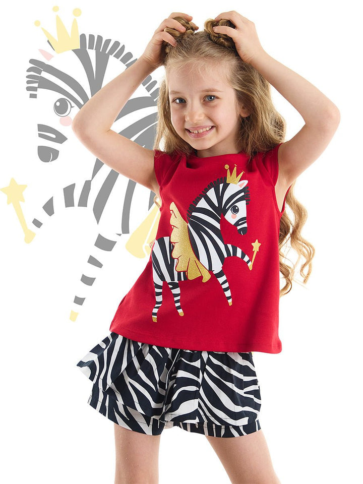 Ensemble Fille T-shirt Évasé Imprimé Zèbre et Short en Popeline