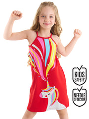 Robe Fille Imprimé Licorne en Jersey de Coton – Rouge Multicolore