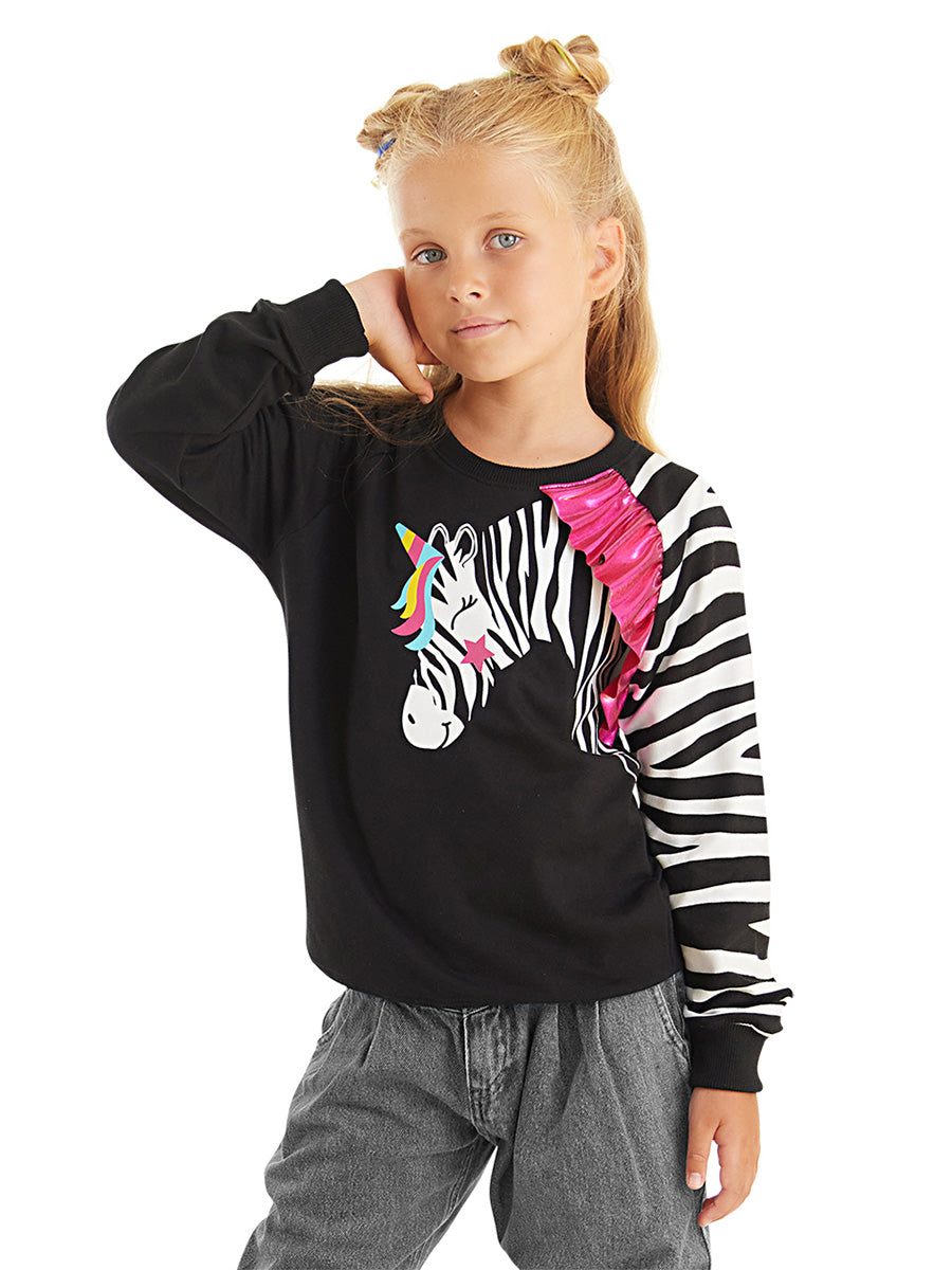 <tc>Sweatshirt pour fille avec des volants et motif zèbre</tc>