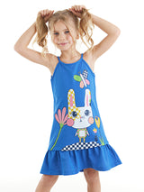 <tc>Robe bleue pour fille avec motif de lapin à carreaux.</tc>