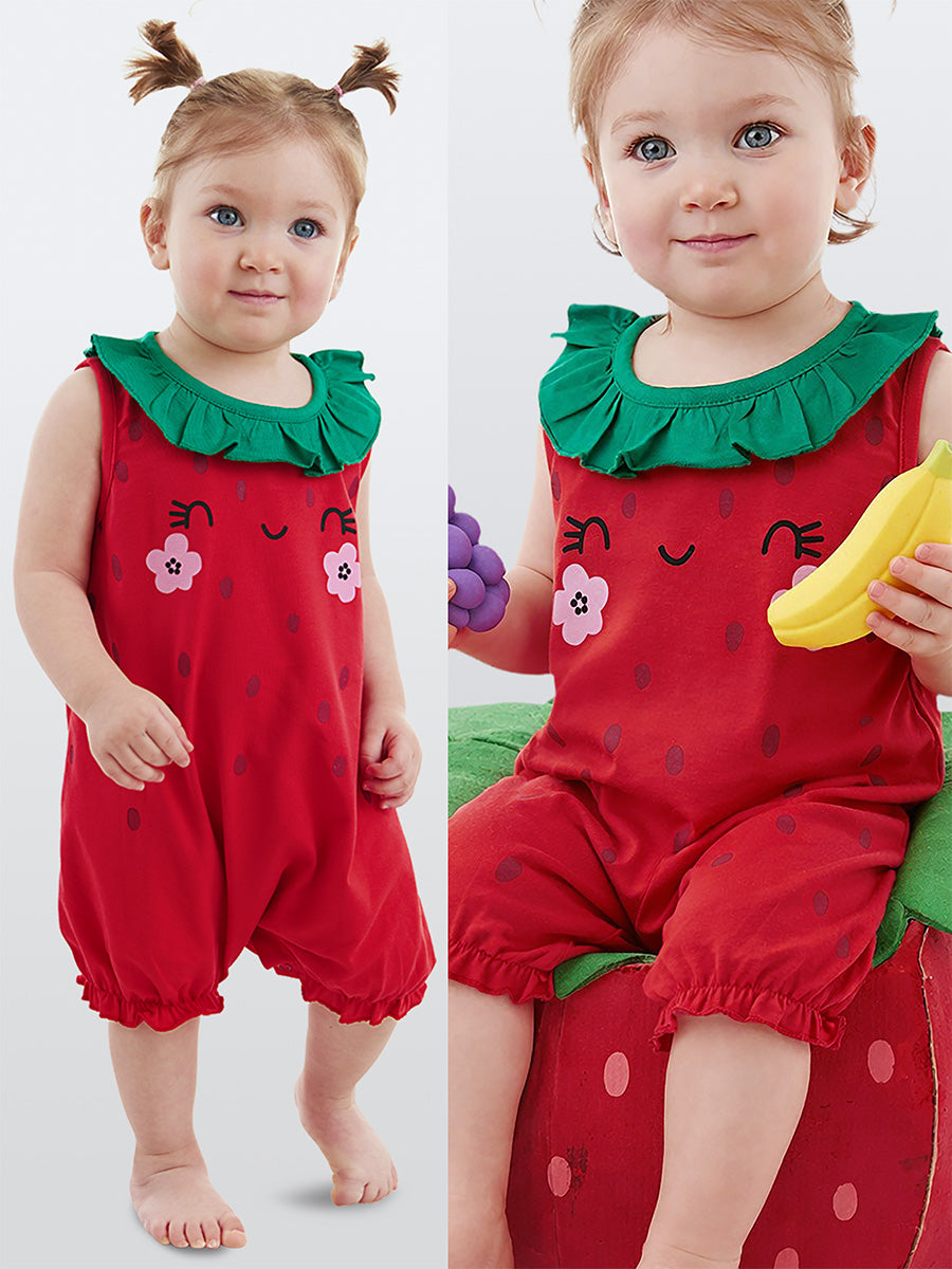Combinaison Bébé Fille Imprimé Fraise en Coton – Rouge et Vert