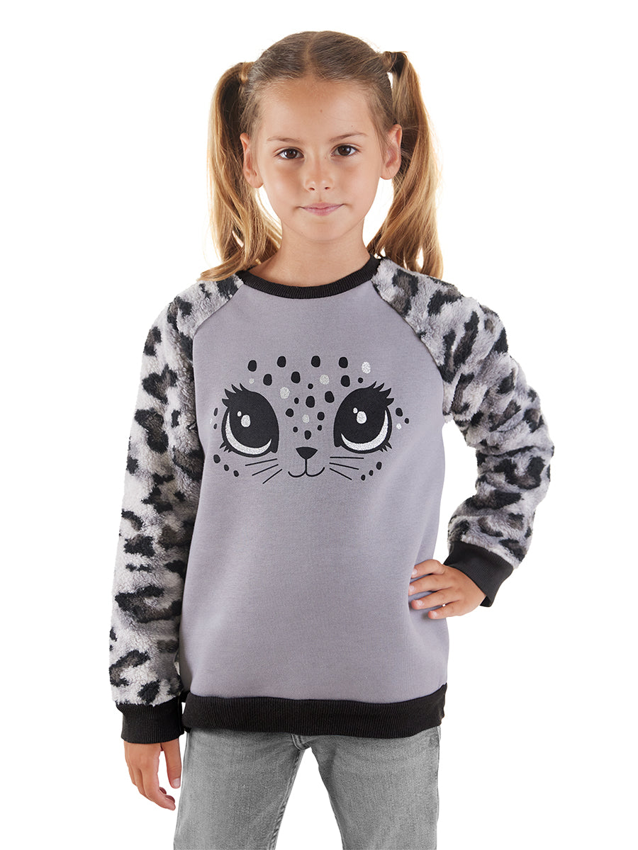 leopar peluş kiz çocuk sweatshirt