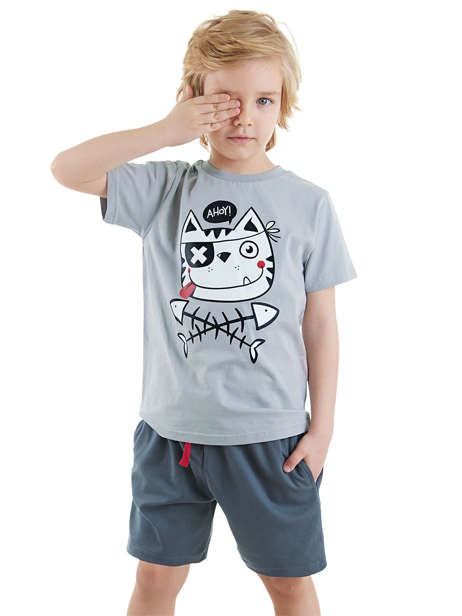 Ensemble Garçon T-shirt Gris Imprimé Chat Pirate et Short en Coton
