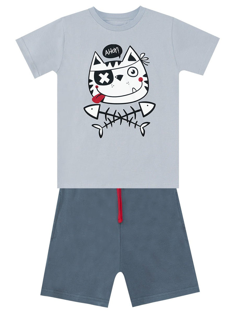 Ensemble Garçon T-shirt Gris Imprimé Chat Pirate et Short en Coton