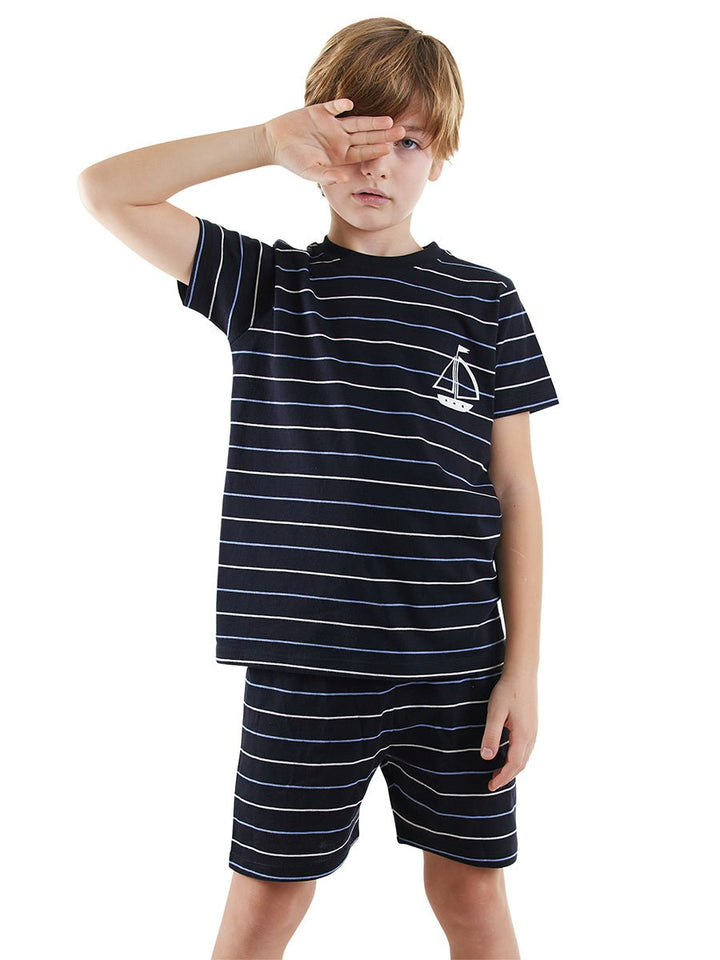 Ensemble Pyjama Garçon à Rayures Noires avec Imprimé Voilier