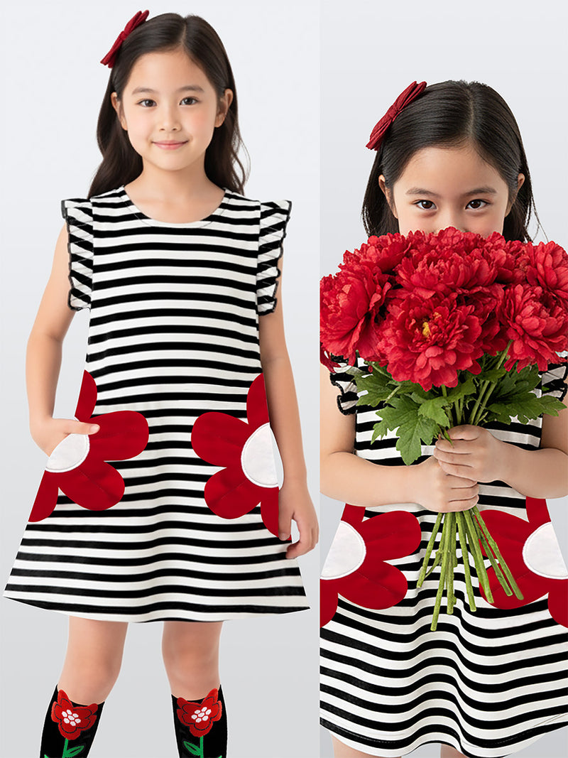 Robe Fille Rayée avec Poches Fleurs 3D – Robe Été Tendance et Confortable